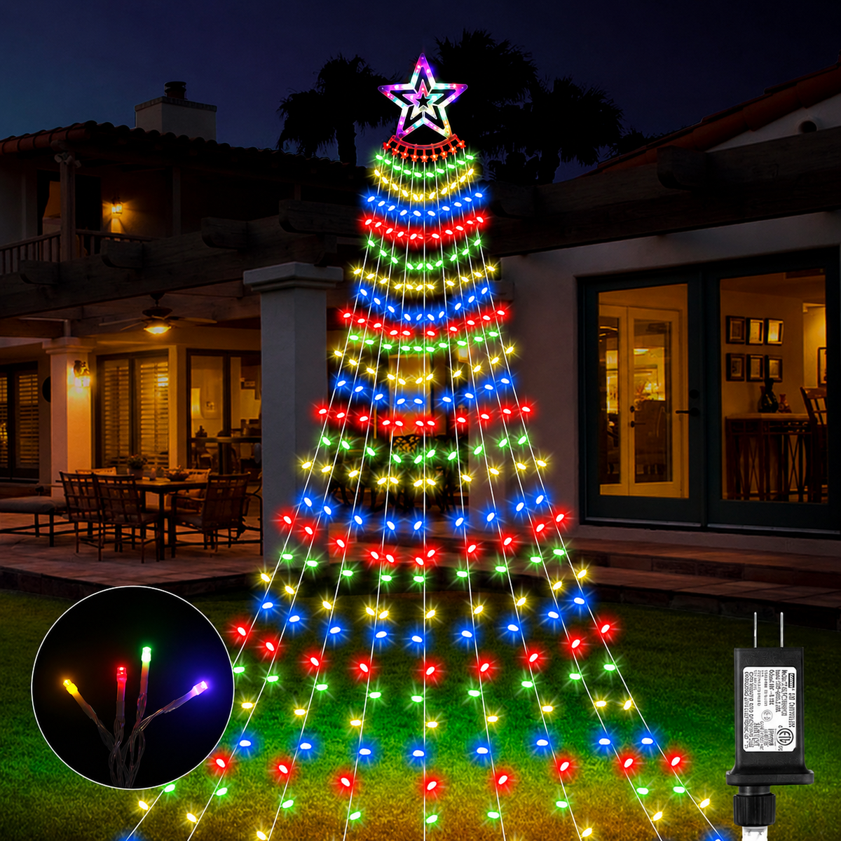 EssPur New Outdoor Christmas Decoration Lights Plug-in 8 Modes & 350 LED Christmas String Waterfall Fairy Tree Lights Indoor Outdoor Holiday Lighting Decorations, Multicolor