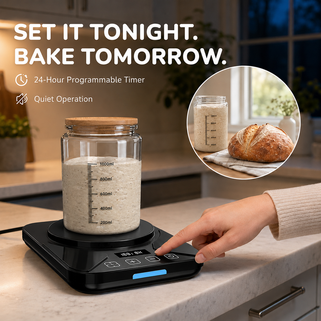 EssPur Sourdough Starter Warmer Mat - 24H Timer - Precise 1°F Thermostat Control (70-100°F) - Smart Memory Warming On/Off - Fits Jars Up to 40oz - Perfect for Home Baking (Black)