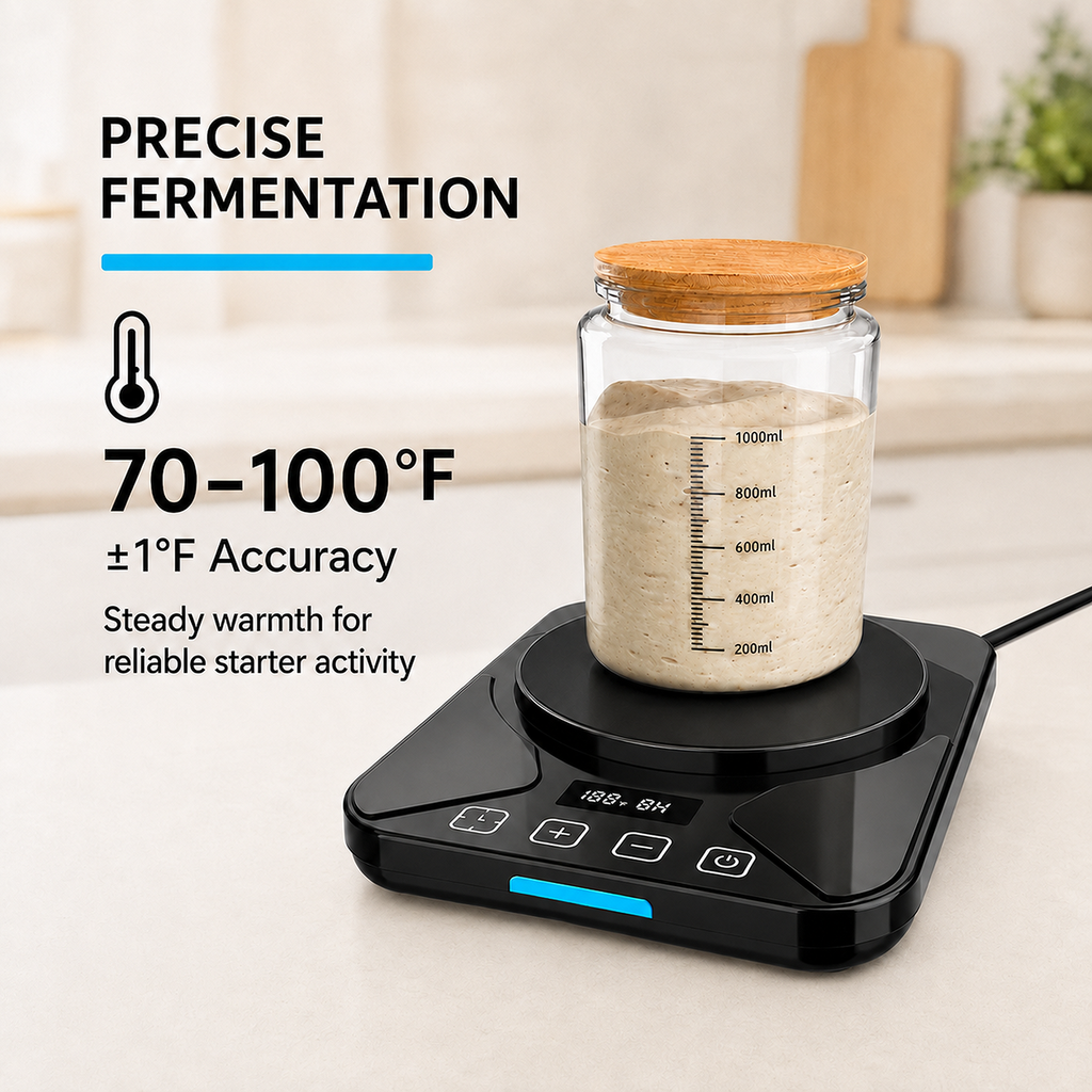 EssPur Sourdough Starter Warmer Mat - 24H Timer - Precise 1°F Thermostat Control (70-100°F) - Smart Memory Warming On/Off - Fits Jars Up to 40oz - Perfect for Home Baking (Black)