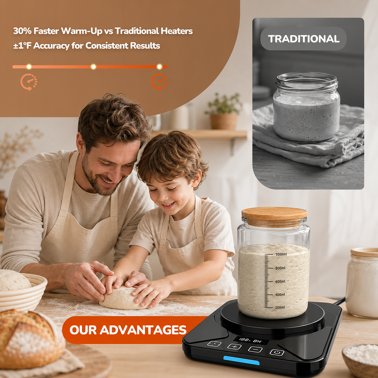 EssPur Sourdough Starter Warmer Mat - 24H Timer - Precise 1°F Thermostat Control (70-100°F) - Smart Memory Warming On/Off - Fits Jars Up to 40oz - Perfect for Home Baking (Black)