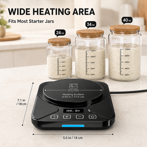 EssPur Sourdough Starter Warmer Mat - 24H Timer - Precise 1°F Thermostat Control (70-100°F) - Smart Memory Warming On/Off - Fits Jars Up to 40oz - Perfect for Home Baking (Black)