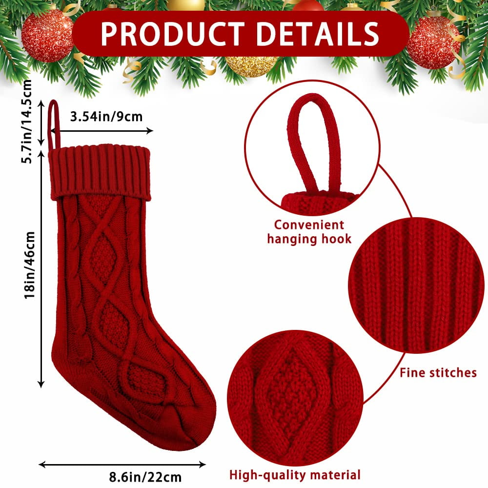 EssPur 4PCS Christmas Stockings, 18inch Large Personalized Cable Knitted Xmas Hanging Stocking Decorations with Name Tags for Holiday Christmas Party Family Decor (Red and White)