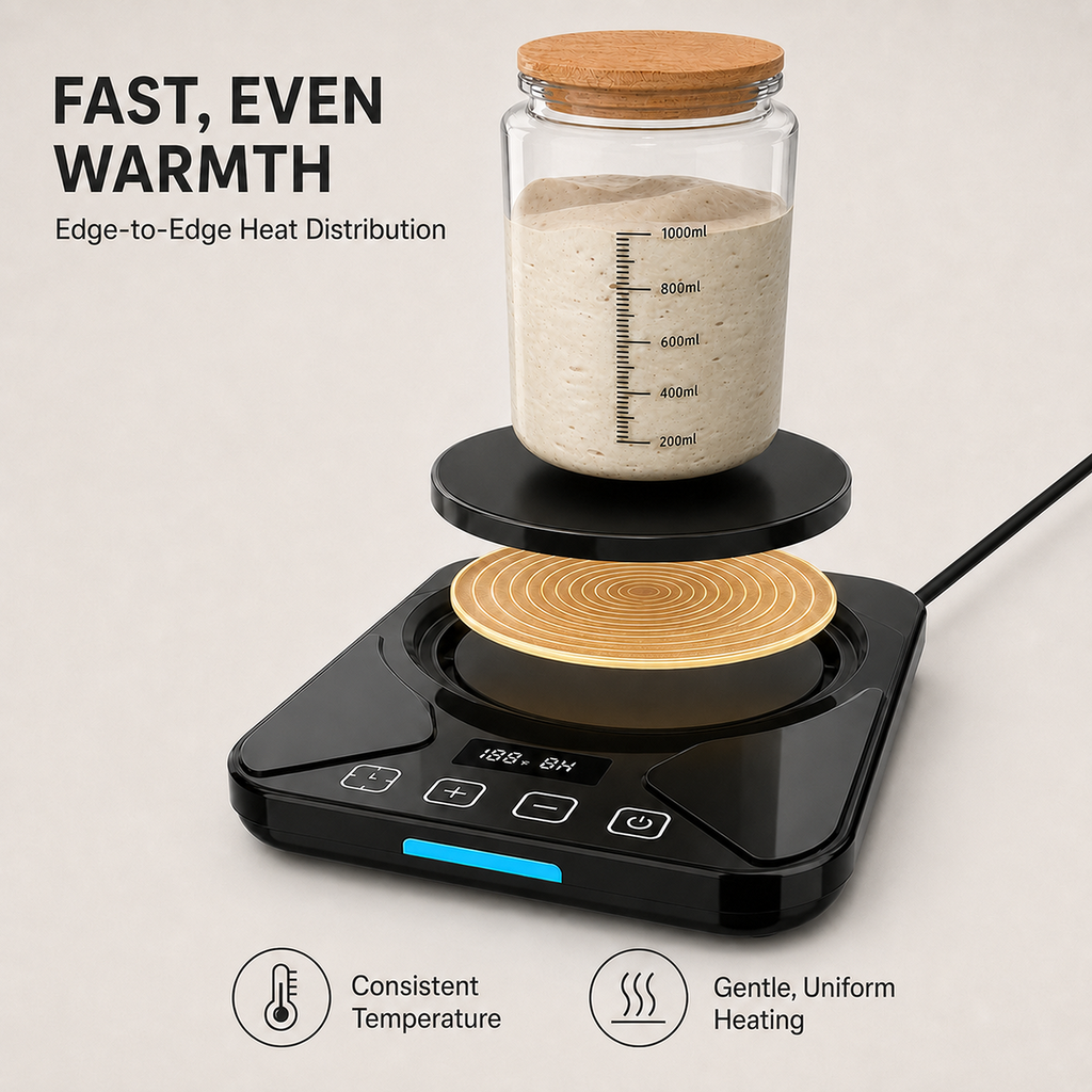 EssPur Sourdough Starter Warmer Mat - 24H Timer - Precise 1°F Thermostat Control (70-100°F) - Smart Memory Warming On/Off - Fits Jars Up to 40oz - Perfect for Home Baking (Black)