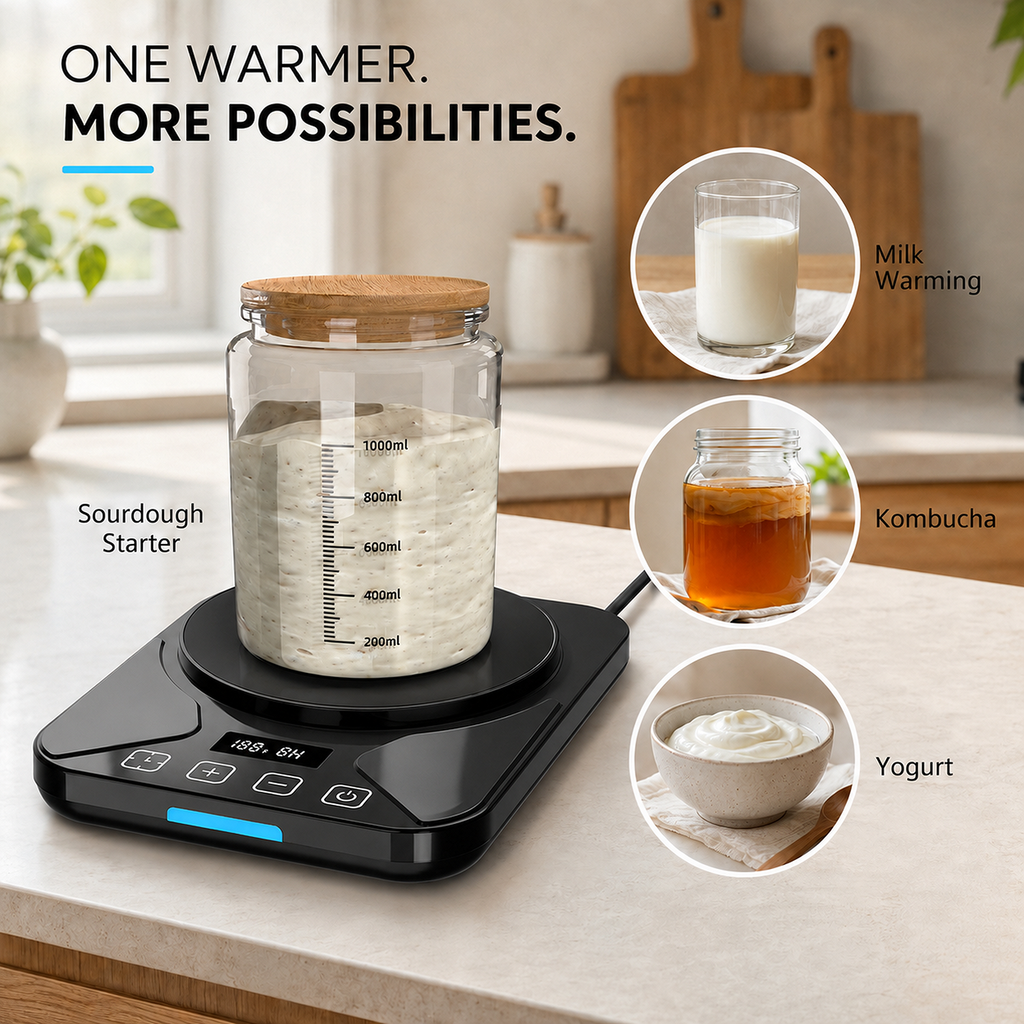 EssPur Sourdough Starter Warmer Mat - 24H Timer - Precise 1°F Thermostat Control (70-100°F) - Smart Memory Warming On/Off - Fits Jars Up to 40oz - Perfect for Home Baking (Black)