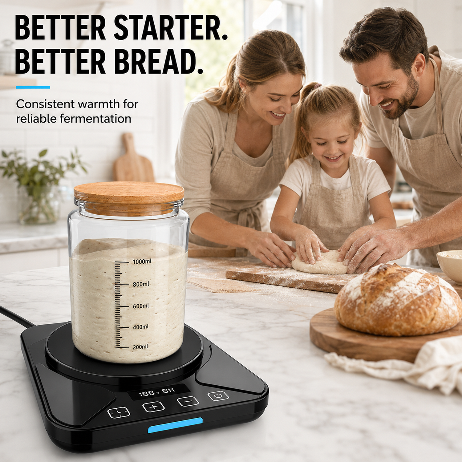 EssPur Sourdough Starter Warmer Mat - 24H Timer - Precise 1°F Thermostat Control (70-100°F) - Smart Memory Warming On/Off - Fits Jars Up to 40oz - Perfect for Home Baking (Black)