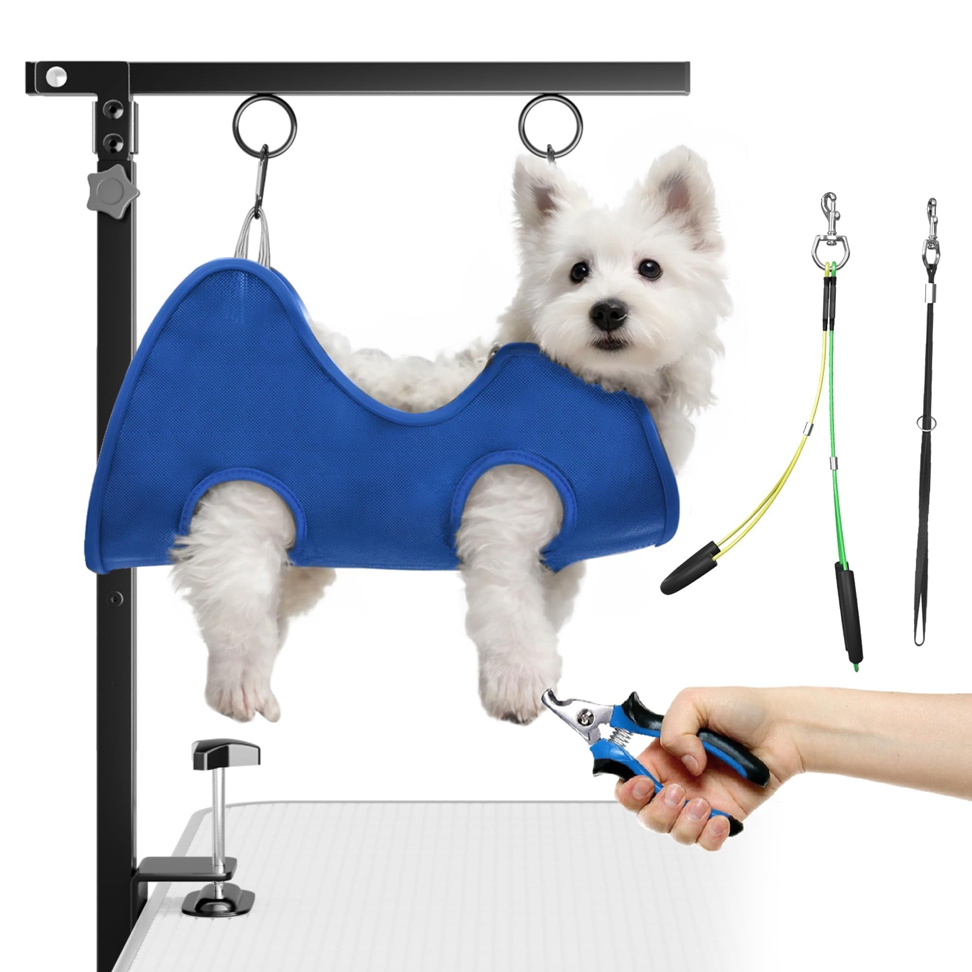 COUTEER Foldable Dog Grooming Arm with Clamp: Adjustable Height 26"-40", Dog Grooming Table Arm with Hammock and No-Sit Holder, Grooming Restraint for Small Medium Dogs at Home or Salon