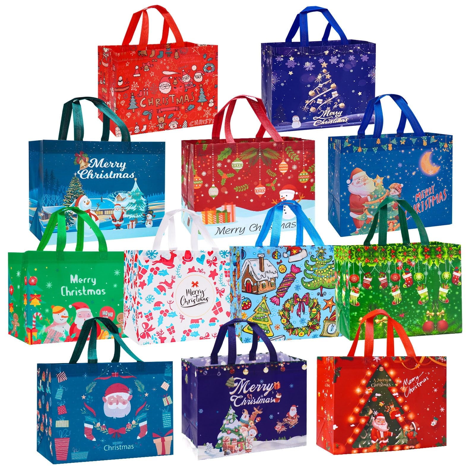 Harjon 12 Pack Christmas Gift Bags Large Reusable Tote Bags, Non-Wove Bags for New Year's Shopping, Christmas Surprise, Xmas Party Supplies,12.8"×9.8"×6.7"