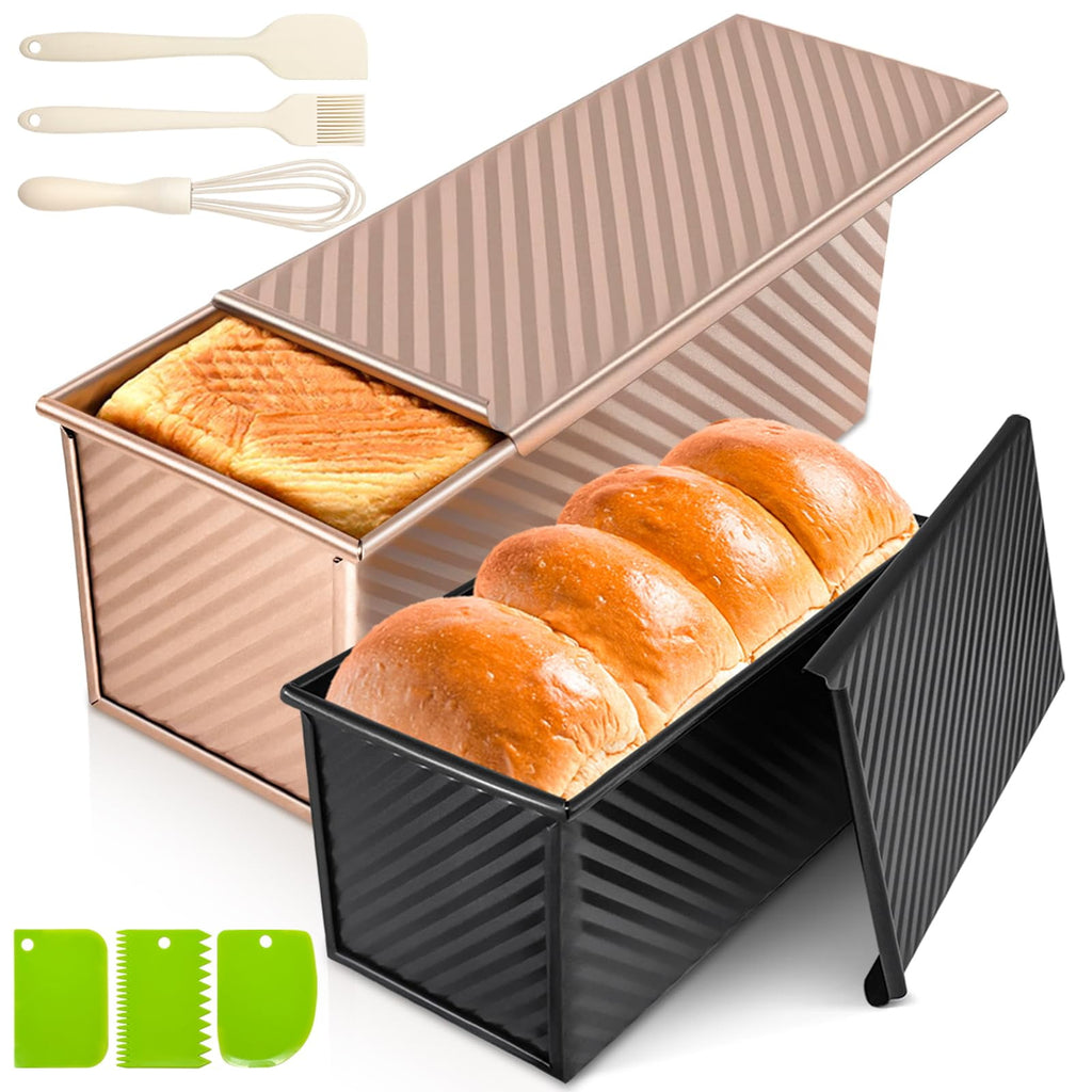 EssPur 2Pack Pullman Loaf Pans with Lids – 2.2 LB & 1 LB Dough Capacity, Non-Stick Carbon Steel Bread Pans for Homemade Sandwich and Sourdough Bread, Corrugated Toast Mold