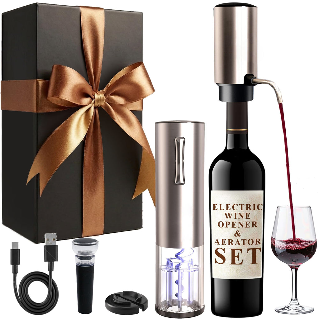 EssPur Electric Wine Aerator & Opener Set with Accessories, Rechargeable Automatic Corkscrew, Aerator, Dispenser, Foil Cutter Tool, Stopper, Wine Lovers Gift for Housewarming, Birthday, Registry, Anni