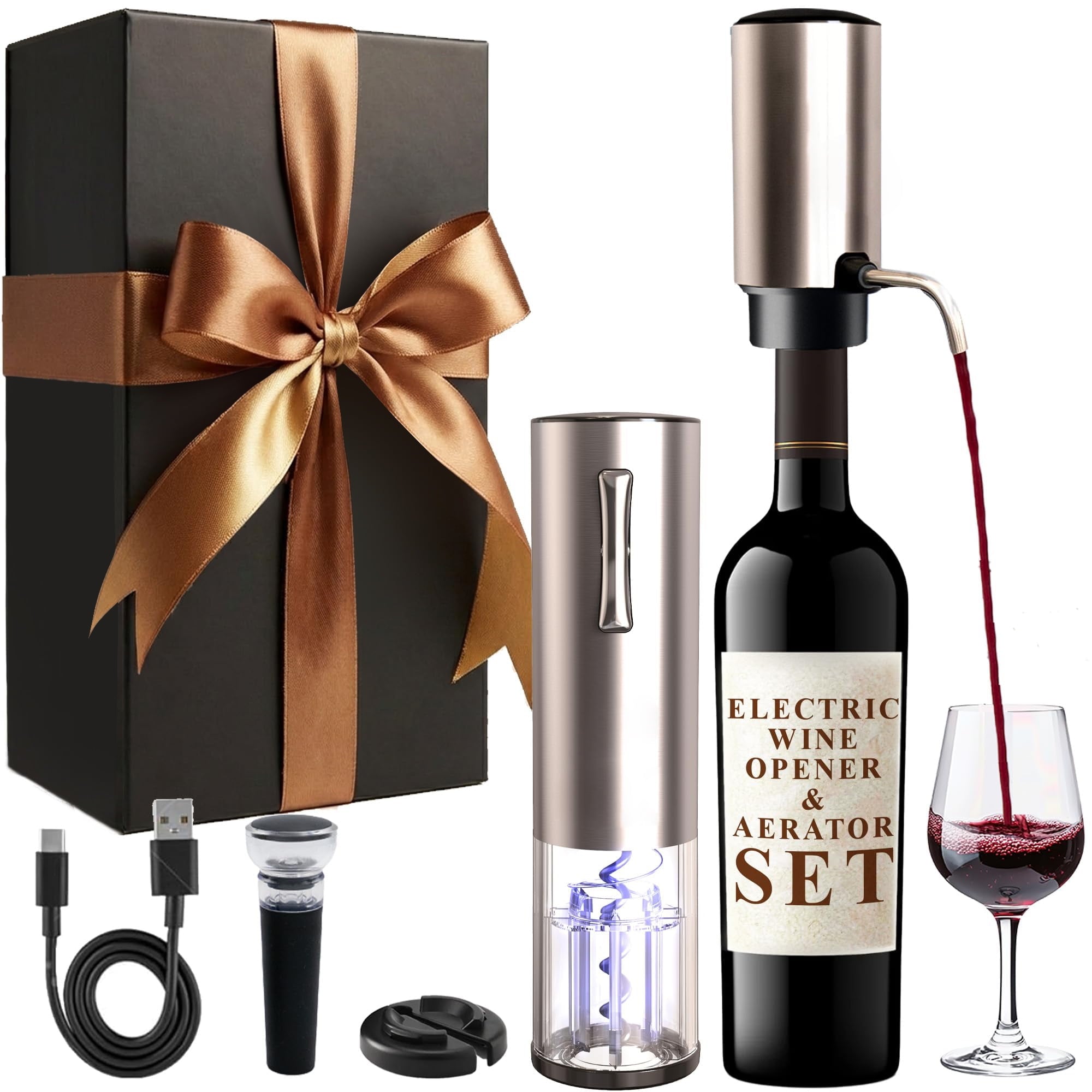 EssPur Electric Wine Aerator & Opener Set with Accessories, Rechargeable Automatic Corkscrew, Aerator, Dispenser, Foil Cutter Tool, Stopper, Wine Lovers Gift for Housewarming, Birthday, Registry, Anni