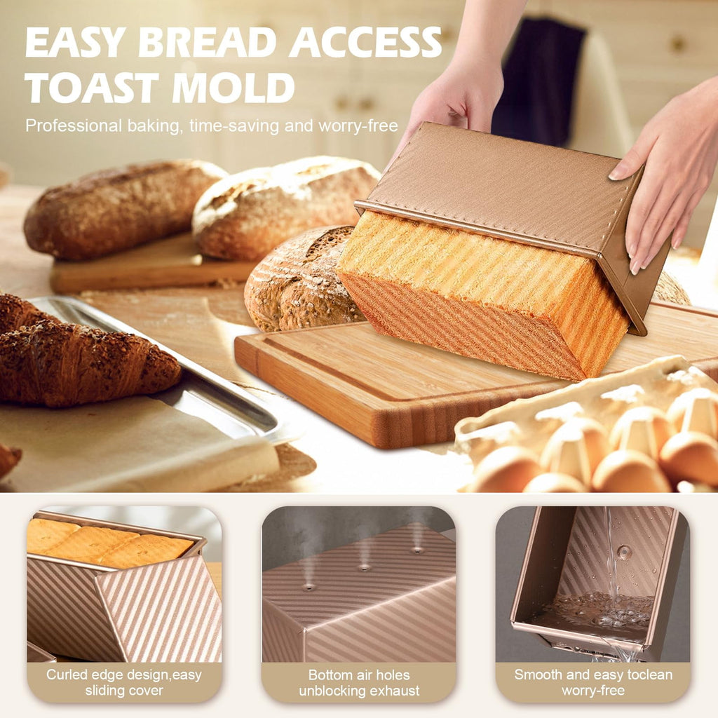 EssPur 2Pack Pullman Loaf Pans with Lids – 2.2 LB & 1 LB Dough Capacity, Non-Stick Carbon Steel Bread Pans for Homemade Sandwich and Sourdough Bread, Corrugated Toast Mold