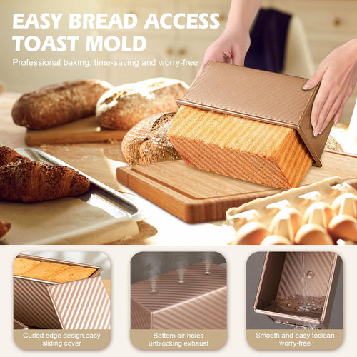 EssPur 2Pack Pullman Loaf Pans with Lids – 2.2 LB & 1 LB Dough Capacity, Non-Stick Carbon Steel Bread Pans for Homemade Sandwich and Sourdough Bread, Corrugated Toast Mold