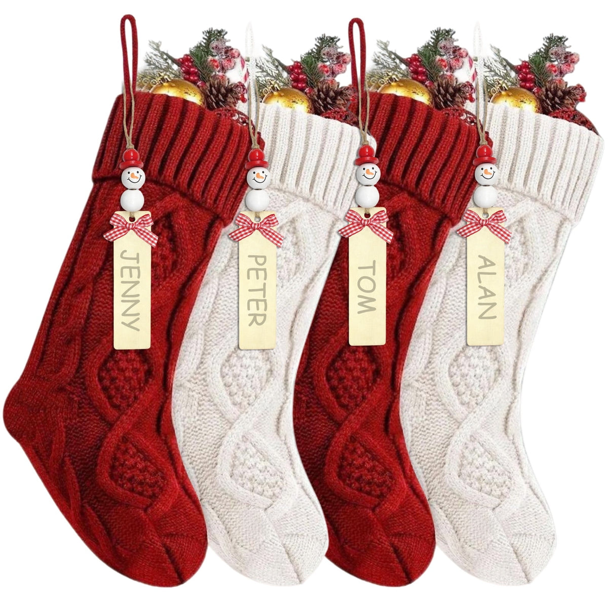 EssPur 4PCS Christmas Stockings, 18inch Large Personalized Cable Knitted Xmas Hanging Stocking Decorations with Name Tags for Holiday Christmas Party Family Decor (Red and White)
