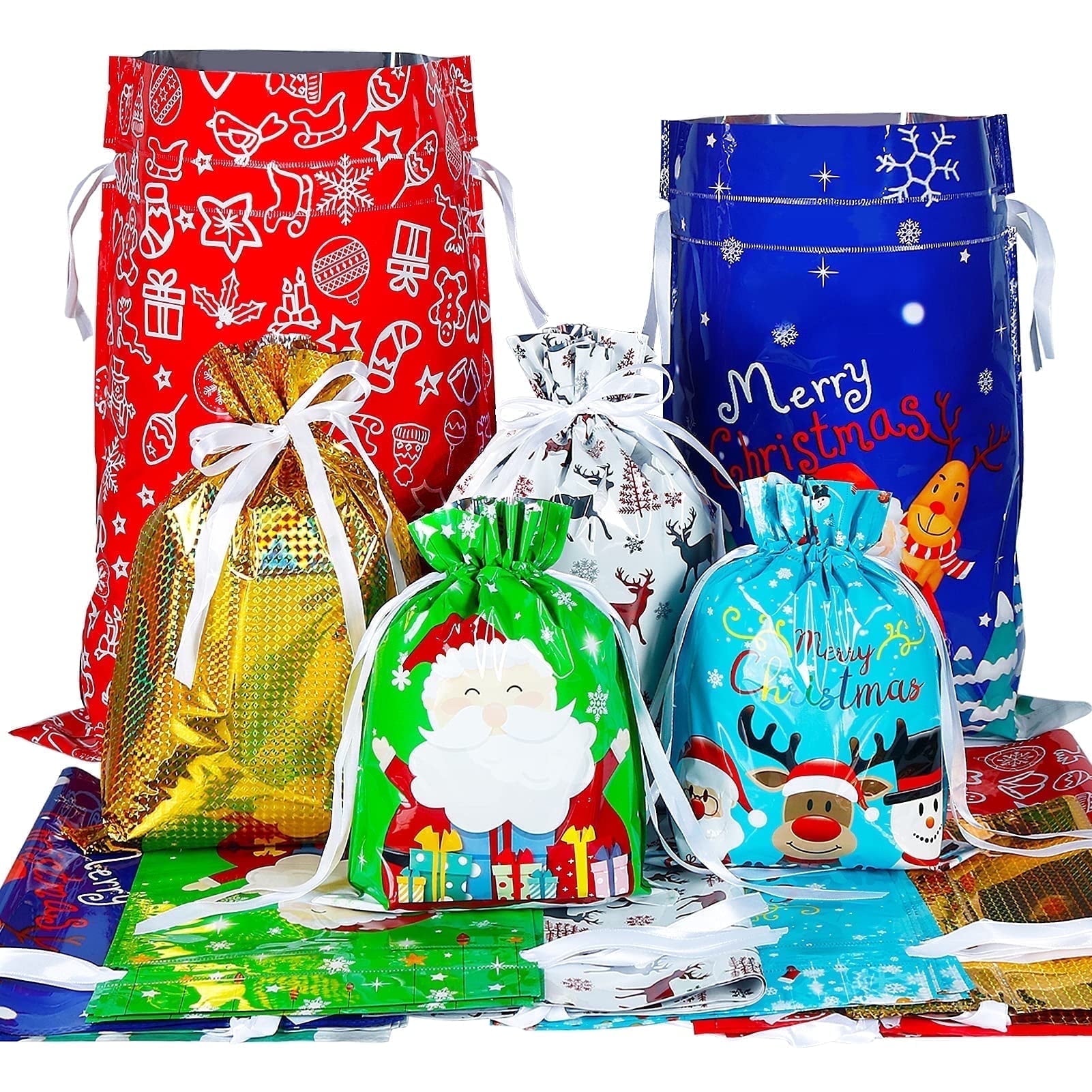 EssPur 30PCS Christmas Drawstring Gift Bags Assorted Sizes,Christmas Wrapping Bags Sacks Xmas Presents Fast Wrapping for Birthday Holiday Party Favor