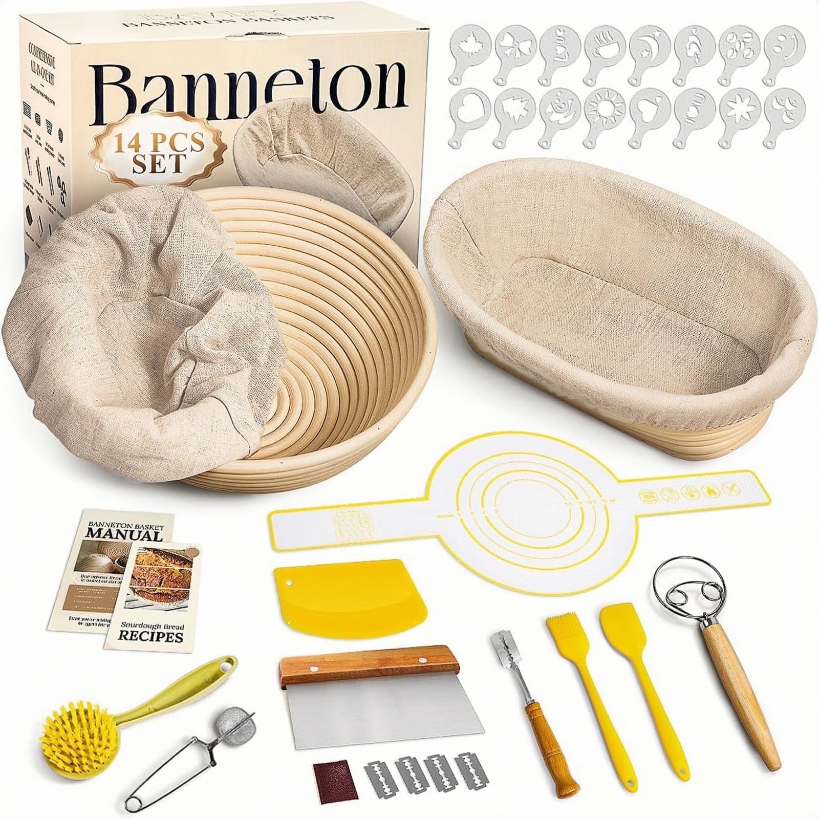 EssPur Bread Proofing Basket Set, 9" Round & 10" Oval Banneton Baskets, Sourdough Bread Baking Supplies with Bread Lame, Dough Whisk & Bread Sling