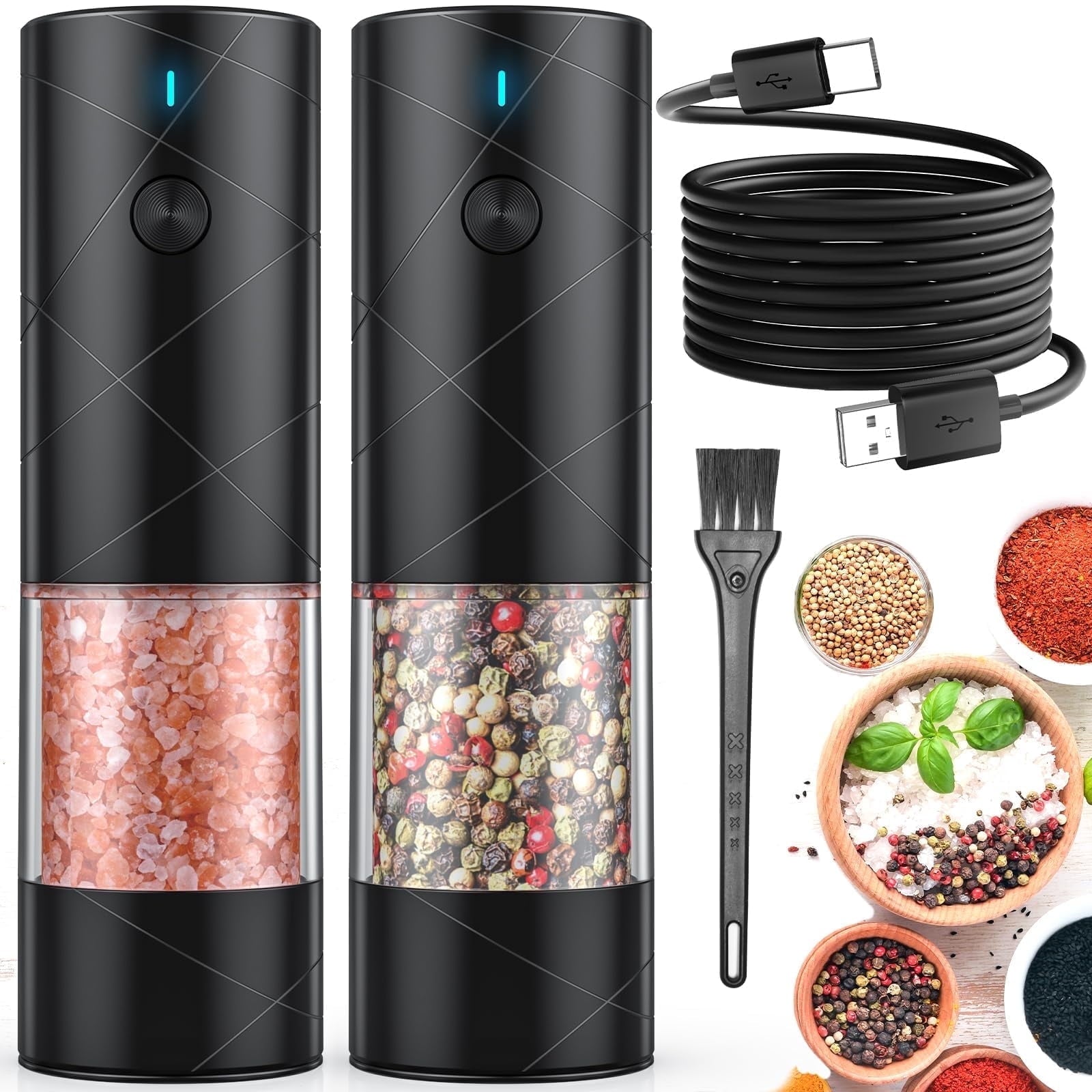 Harjon 2 Pack Electric Salt and Pepper Grinder Set USB Rechargeable with Warm LED Light, Adjustable Coarseness Lidaop Large Capacity Automatic Salt Pepper Mill Grinder for Kitchen, Restaurant, Outdoor