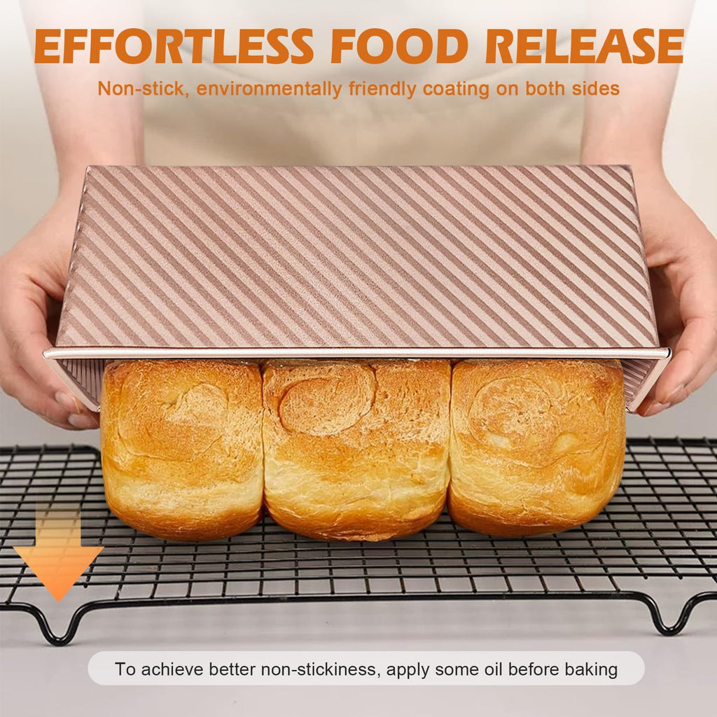 EssPur 2Pack Pullman Loaf Pans with Lids – 2.2 LB & 1 LB Dough Capacity, Non-Stick Carbon Steel Bread Pans for Homemade Sandwich and Sourdough Bread, Corrugated Toast Mold