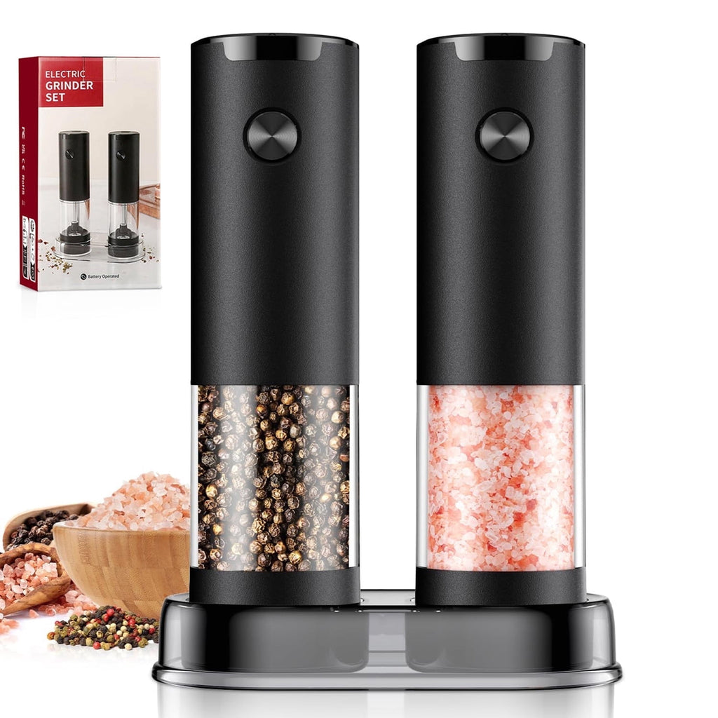 Harjon Electric Salt and Pepper Grinder Set Automatic Battery Pepper Mill Shakers Adjustable Coarseness Easy Filling Upgraded Larger Capacity with Led (2 Pack Black/Black）