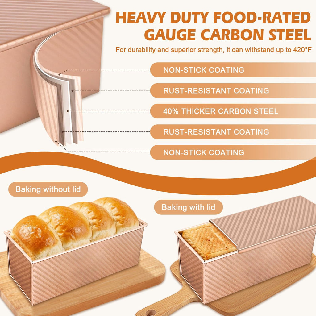 EssPur 2Pack Pullman Loaf Pans with Lids – 2.2 LB & 1 LB Dough Capacity, Non-Stick Carbon Steel Bread Pans for Homemade Sandwich and Sourdough Bread, Corrugated Toast Mold