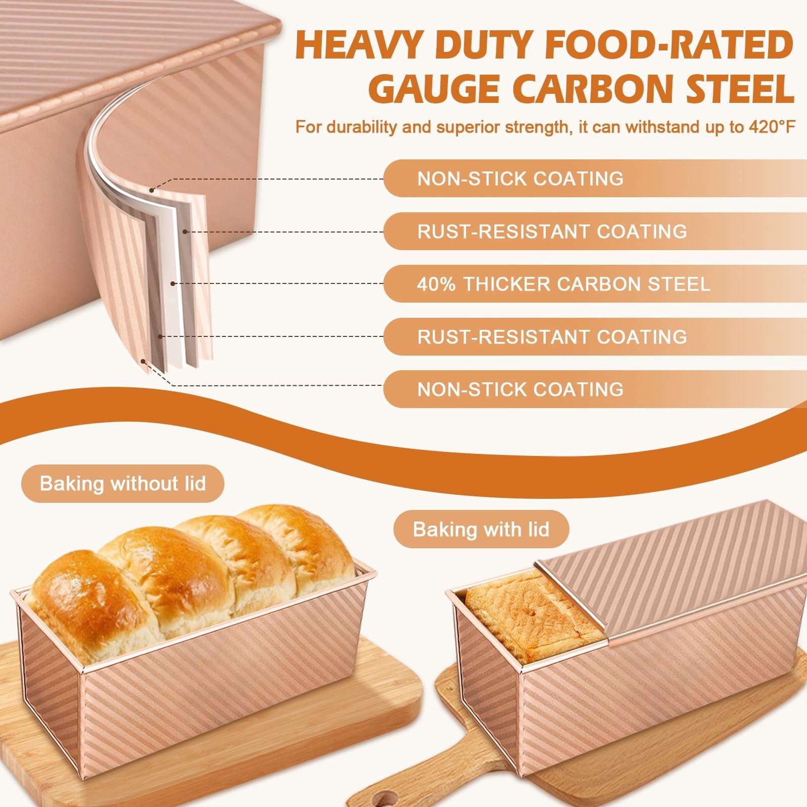 EssPur 2Pack Pullman Loaf Pans with Lids – 2.2 LB & 1 LB Dough Capacity, Non-Stick Carbon Steel Bread Pans for Homemade Sandwich and Sourdough Bread, Corrugated Toast Mold