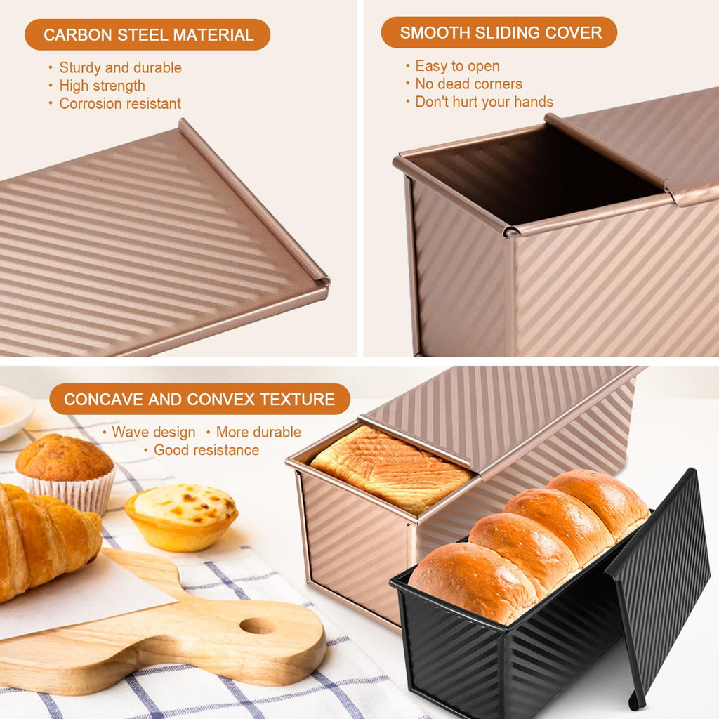 EssPur 2Pack Pullman Loaf Pans with Lids – 2.2 LB & 1 LB Dough Capacity, Non-Stick Carbon Steel Bread Pans for Homemade Sandwich and Sourdough Bread, Corrugated Toast Mold