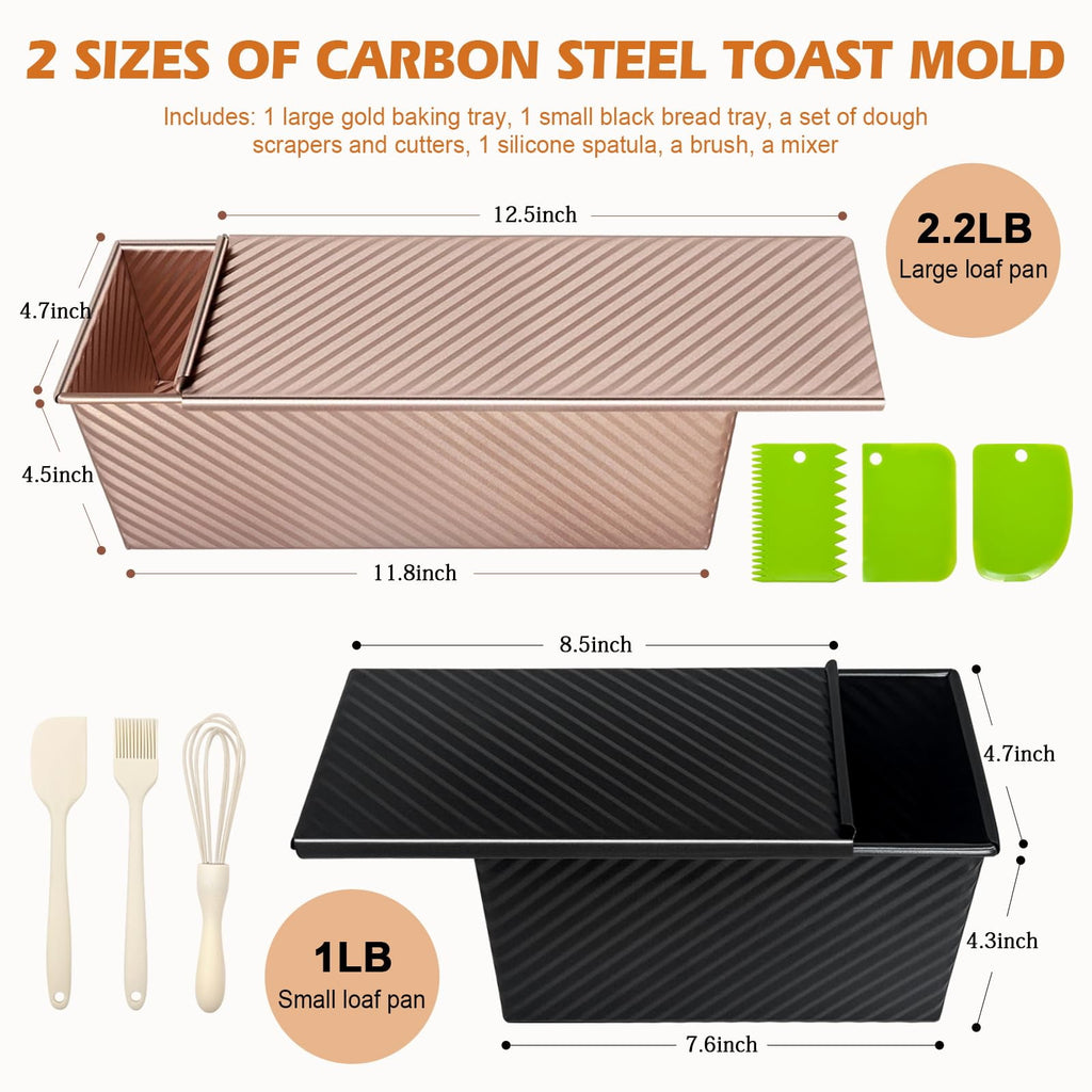 EssPur 2Pack Pullman Loaf Pans with Lids – 2.2 LB & 1 LB Dough Capacity, Non-Stick Carbon Steel Bread Pans for Homemade Sandwich and Sourdough Bread, Corrugated Toast Mold