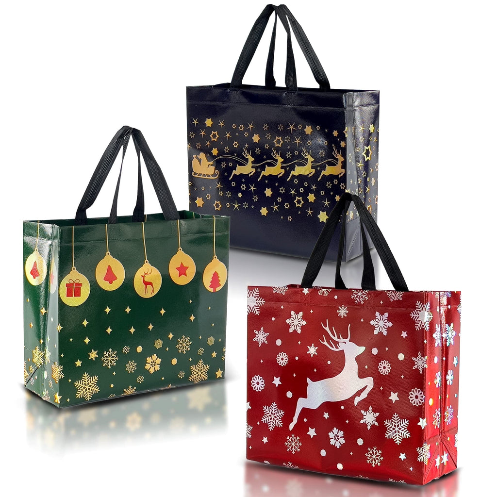 EssPur 12 Reusable Large Christmas Bags – Festive Mix Set With 4 Red Bags, 4 Green Bags & 4 Navy Blue Large Gift Bags With Handles - Christmas Bags In Bulk, Party Favor Bags - 13x5x11 Size