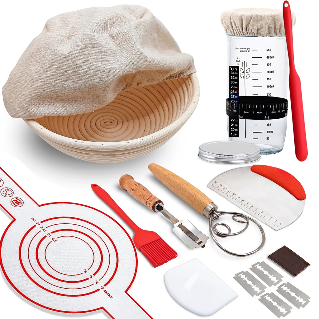 EssPur Sourdough Starter Kit with 9'' Banneton Proofing Basket and Glass Jar – Complete Bread Baking Supplies for Homemade Artisan Loaf, Proofing Bowl Set for Beginner Bakers