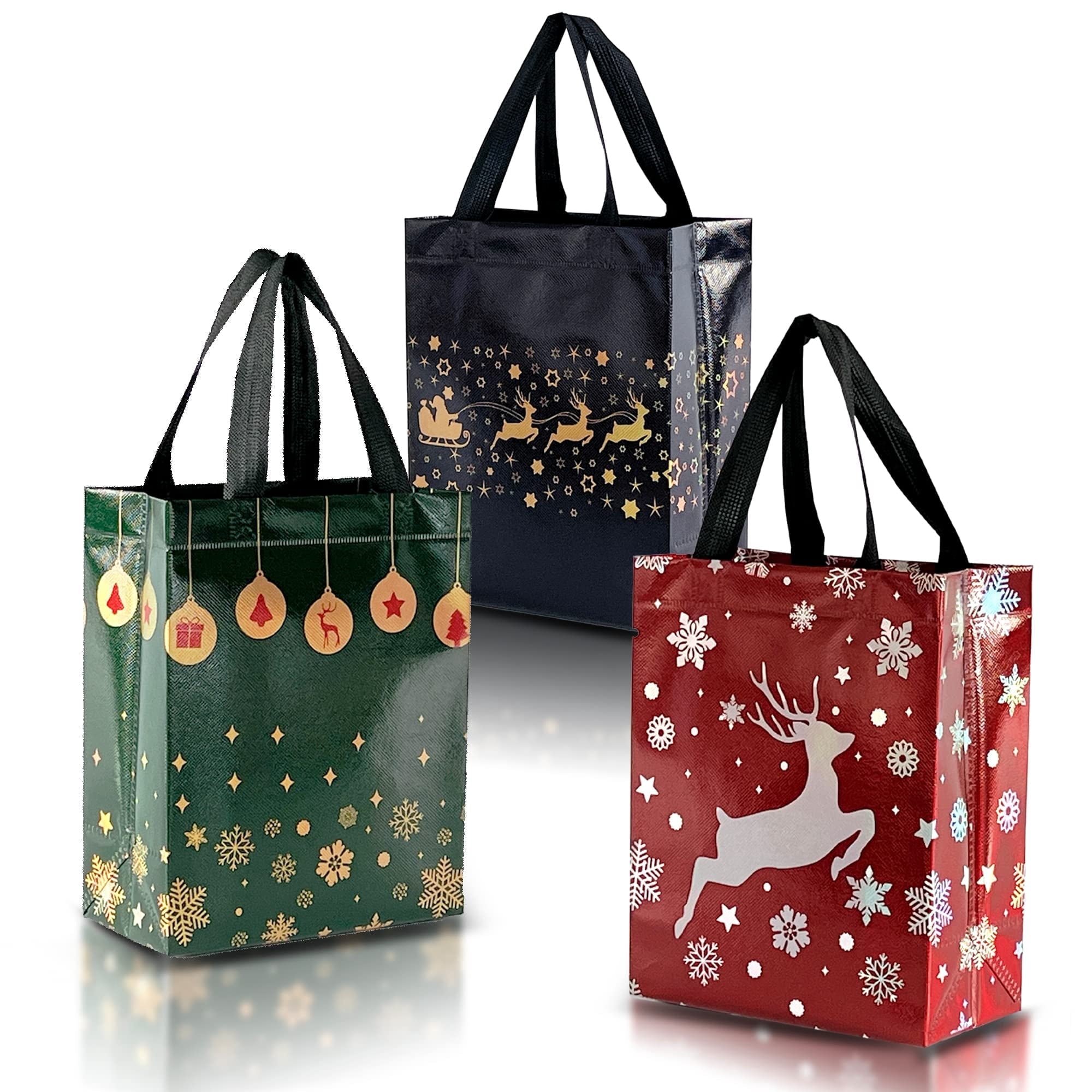 EssPur Christmas Bags – 12 Reusable Gift Bags - Festive Mix Set Of Red, Green & Navy Blue Gift Bags With Handles - Christmas Bags, Goodie Bags, Party Favor Bags - 8 x 4x 10 Medium Size