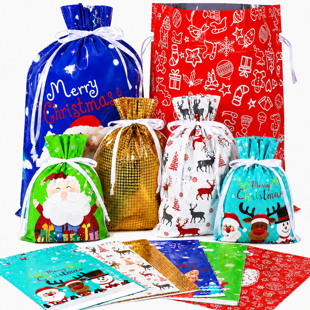 COUTEER 30PCS Christmas Drawstring Gift Bags, Holiday Foil Gift Wrapping Bags Assorted Sizes Xmas Present Sacks for Gifts, Party Favors & Holiday Packaging