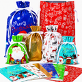 COUTEER 30PCS Christmas Drawstring Gift Bags, Holiday Foil Gift Wrapping Bags Assorted Sizes Xmas Present Sacks for Gifts, Party Favors & Holiday Packaging