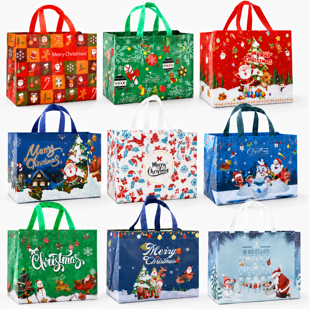 Harjon Christmas Gift Bags,9 Pcs Christmas Tote Bags with Handles for Shopping,Grocery Bags,Gifts Wrapping,Christmas Party Supplies Decorations,12.7"*9.8"*6.7" Reusable Gift Bags