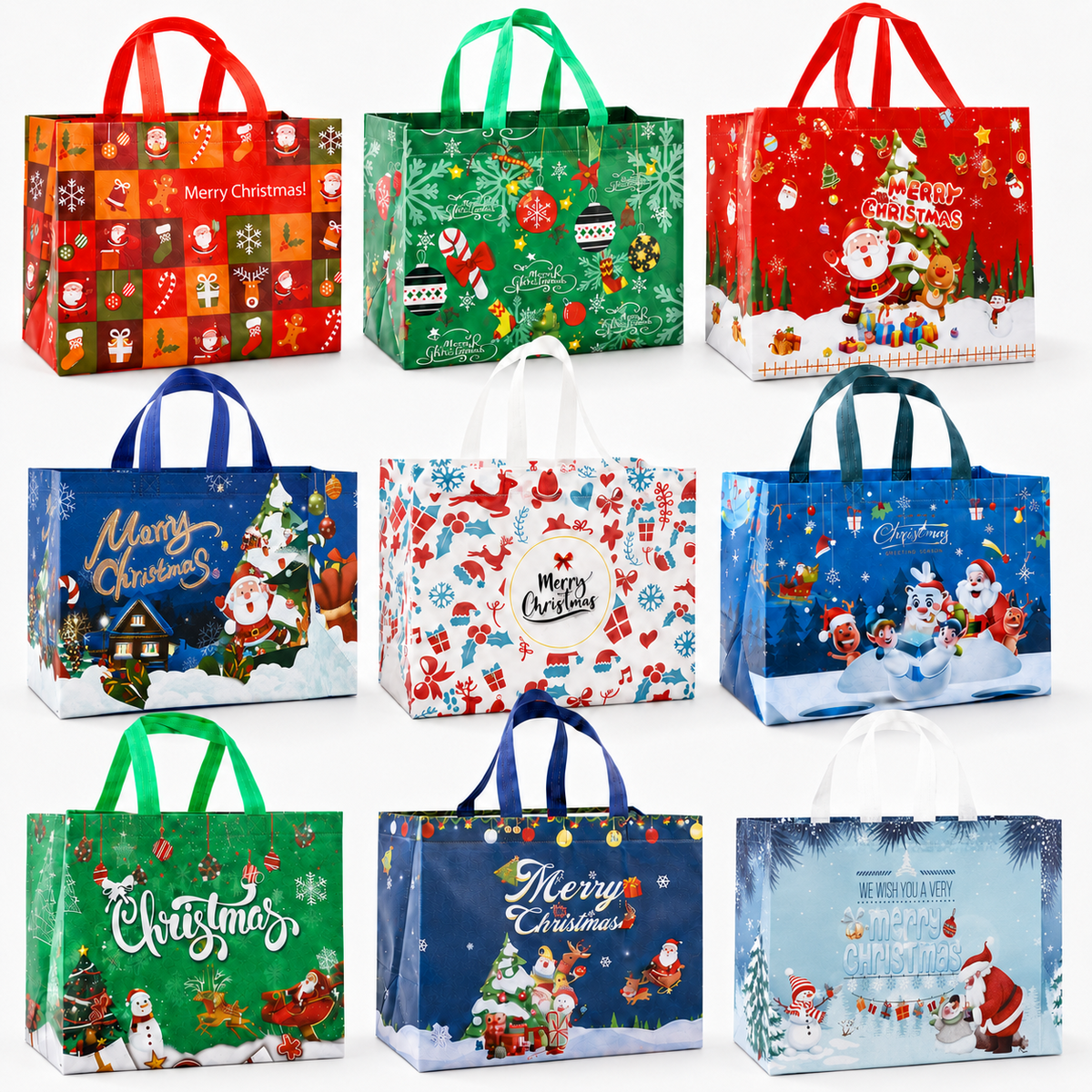 Harjon Christmas Gift Bags,9 Pcs Christmas Tote Bags with Handles for Shopping,Grocery Bags,Gifts Wrapping,Christmas Party Supplies Decorations,12.7"*9.8"*6.7" Reusable Gift Bags