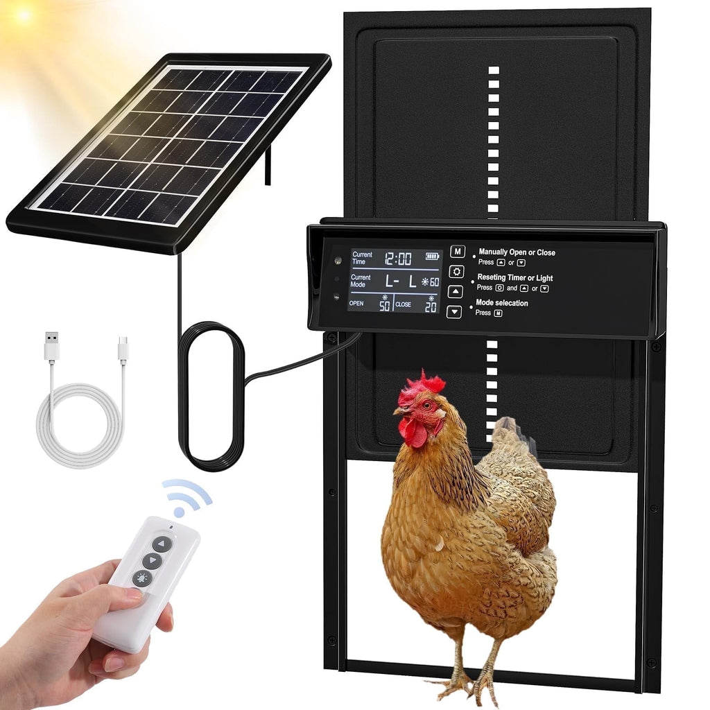 Harjon Automatic Chicken Coop Door Solar Powered, LCD Display Automatic Chicken Door with Timer & Light Sensor, Aluminum Alloy Chicken Door with Remote Control & 4 Modes Automatic Chicken Door Solar