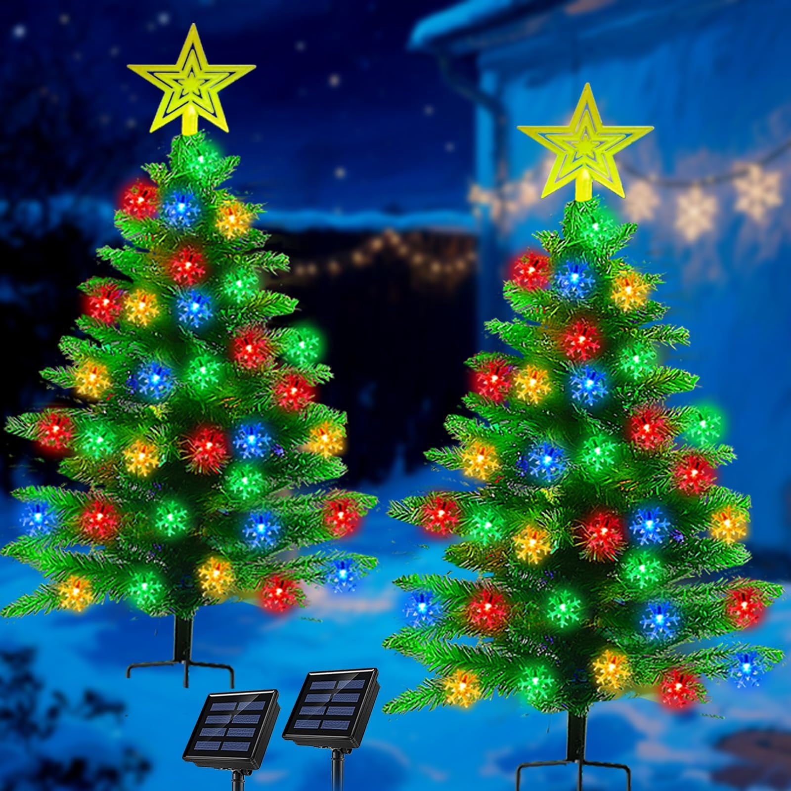 EssPur Solar Christmas Tree Lights Outdoor, 2 Pack 3.6FT Waterproof Xmas Tree Decorations with 100 Snowflake LEDs for Yard, Pathway, Porch, Garden, Lawn, Cemetery