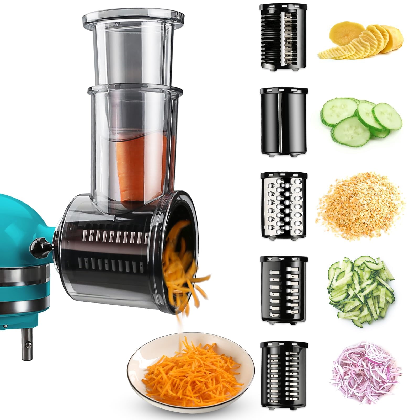 EssPur Stainless Steel Slicer Shredder Attachments for KitchenAid Stand Mixers, Vegetable Shredder, Cheese Grater, Salad Maker, Food Slicers Chopper Grinding Powder Accessories with Detachable 5 Blade