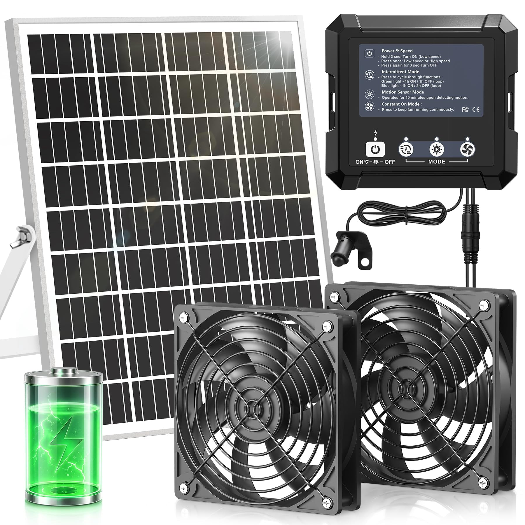 COUTEER 25W Smart Solar Fan for Chicken Coop, Solar Powered Exhaust Fan with 2500mAh Battery, 3 Modes, IP65 Waterproof Ventilation Fan for Greenhouse, Dog House, Shed, Garage Cooling