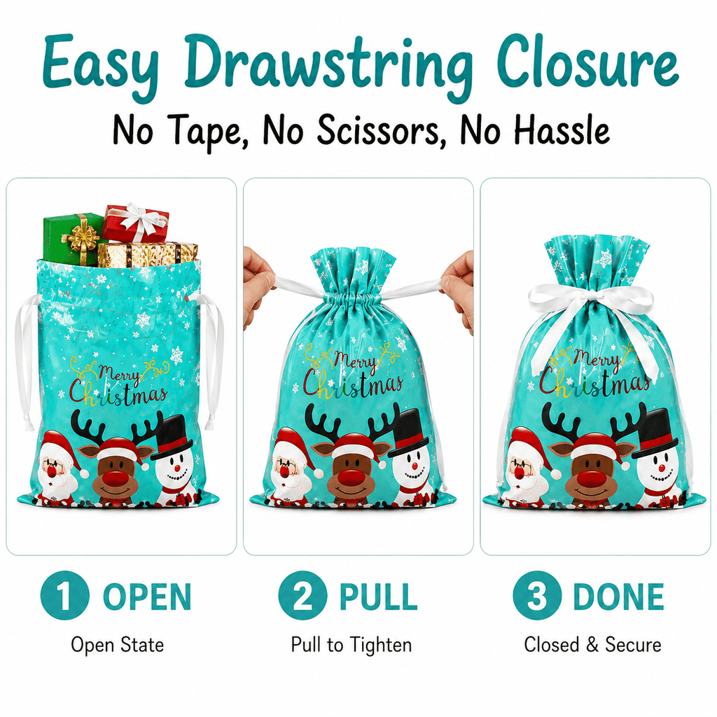 COUTEER 30PCS Christmas Drawstring Gift Bags, Holiday Foil Gift Wrapping Bags Assorted Sizes Xmas Present Sacks for Gifts, Party Favors & Holiday Packaging