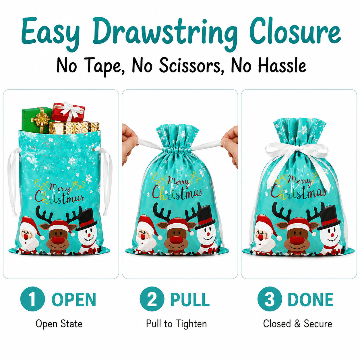 COUTEER 30PCS Christmas Drawstring Gift Bags, Holiday Foil Gift Wrapping Bags Assorted Sizes Xmas Present Sacks for Gifts, Party Favors & Holiday Packaging