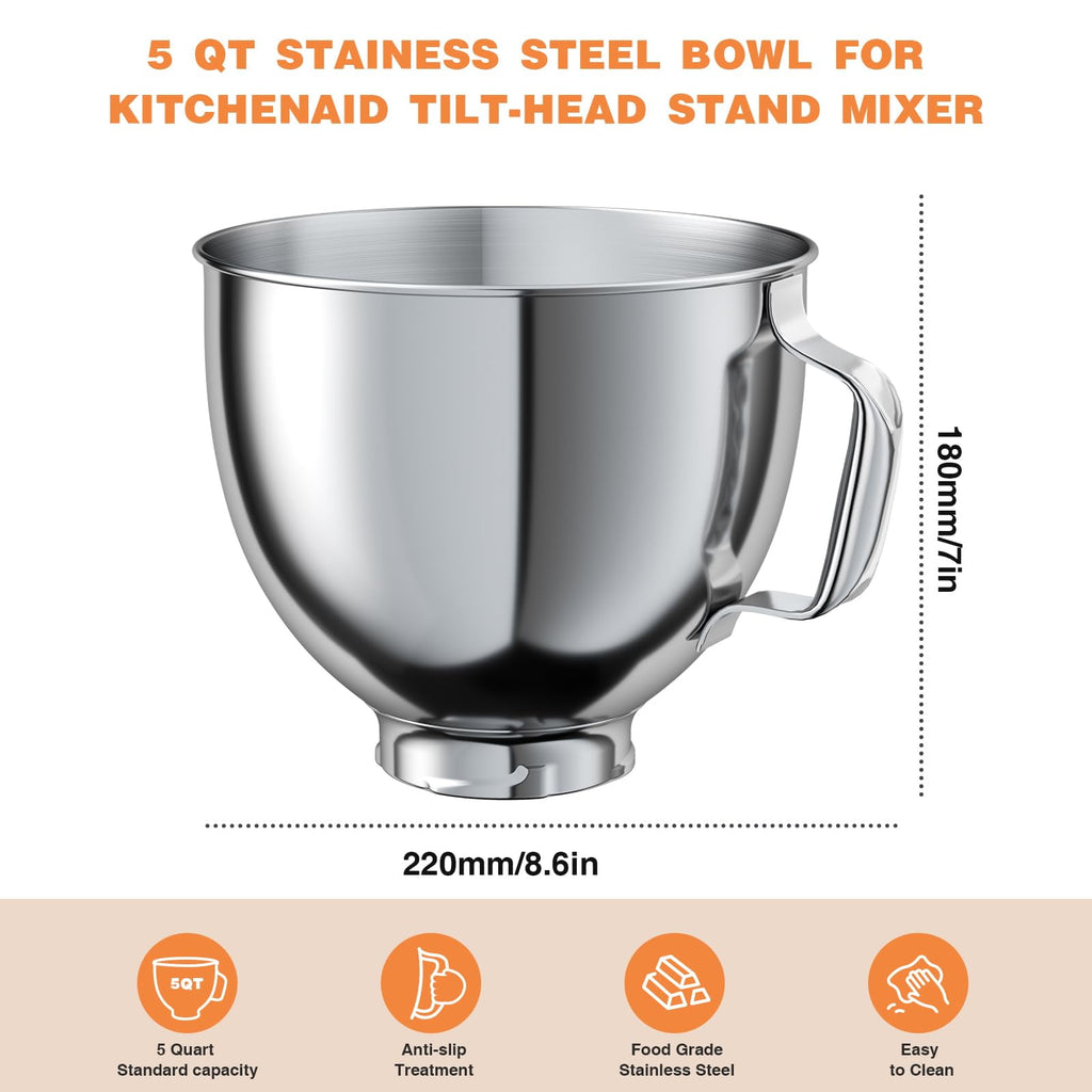 EssPur 5 QT Food-Grade Stainless Steel Mixer Bowl Compatible With KITCHENAID TILT-HEAD STAND MIXERS 4.5-5 Quart, with Anti-slip handle & Prominent Clasp, Stainless Steel Polished