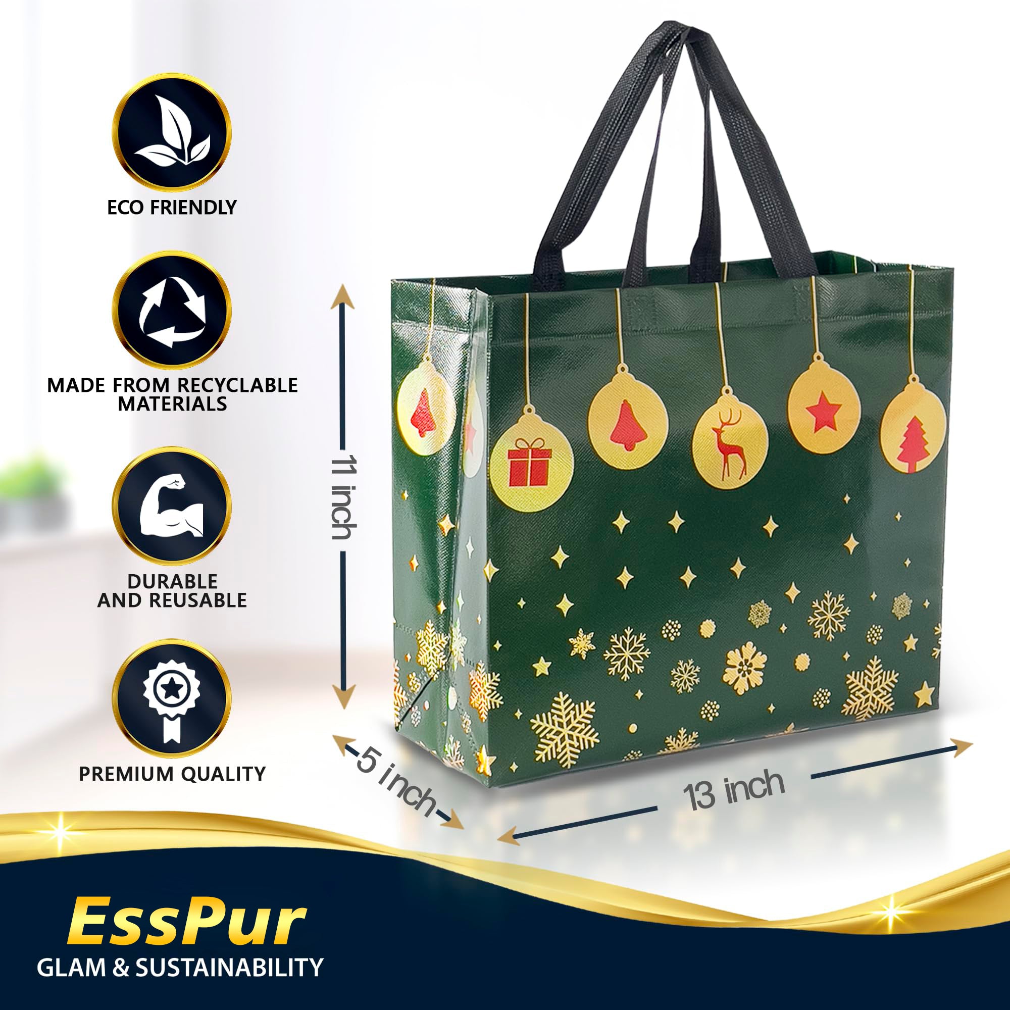 EssPur 12 Reusable Large Christmas Bags – Festive Mix Set With 4 Red Bags, 4 Green Bags & 4 Navy Blue Large Gift Bags With Handles - Christmas Bags In Bulk, Party Favor Bags - 13x5x11 Size