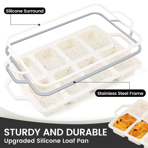 EssPur Silicone Mini Loaf Pans with Metal Reinforced Frame-2 Pack, Non-stick Silicone Bread Pan for Baking 8-Cavity, Tiny Banana Bread Set, Dishwasher Safe Brownie Pan-Cream