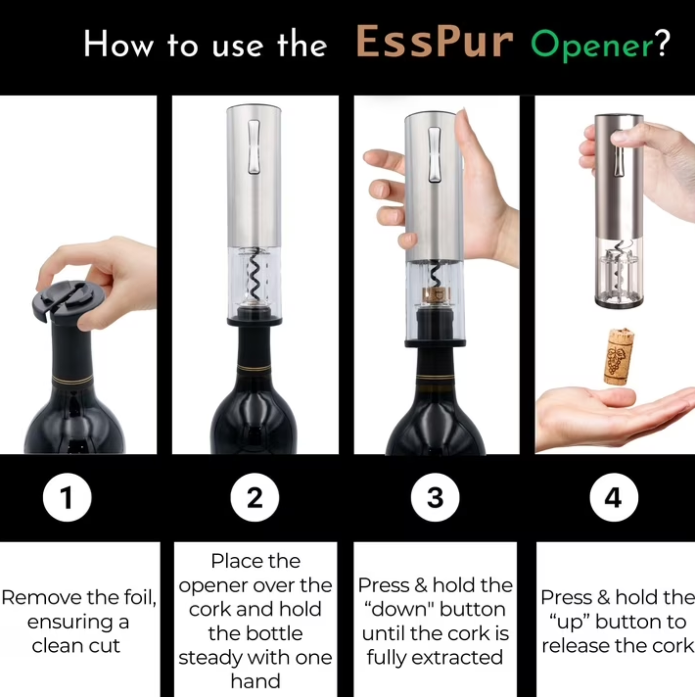 EssPur Electric Wine Aerator & Opener Set with Accessories, Rechargeable Automatic Corkscrew, Aerator, Dispenser, Foil Cutter Tool, Stopper, Wine Lovers Gift for Housewarming, Birthday, Registry, Anni