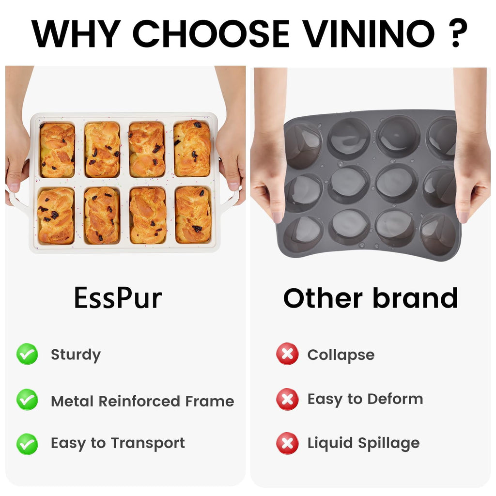 EssPur Silicone Mini Loaf Pans with Metal Reinforced Frame-2 Pack, Non-stick Silicone Bread Pan for Baking 8-Cavity, Tiny Banana Bread Set, Dishwasher Safe Brownie Pan-Cream