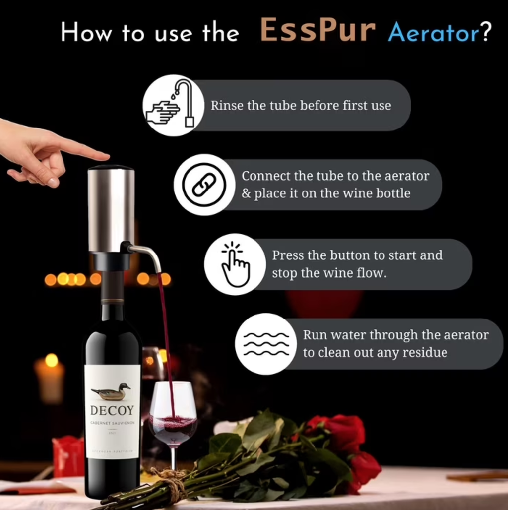 EssPur Electric Wine Aerator & Opener Set with Accessories, Rechargeable Automatic Corkscrew, Aerator, Dispenser, Foil Cutter Tool, Stopper, Wine Lovers Gift for Housewarming, Birthday, Registry, Anni
