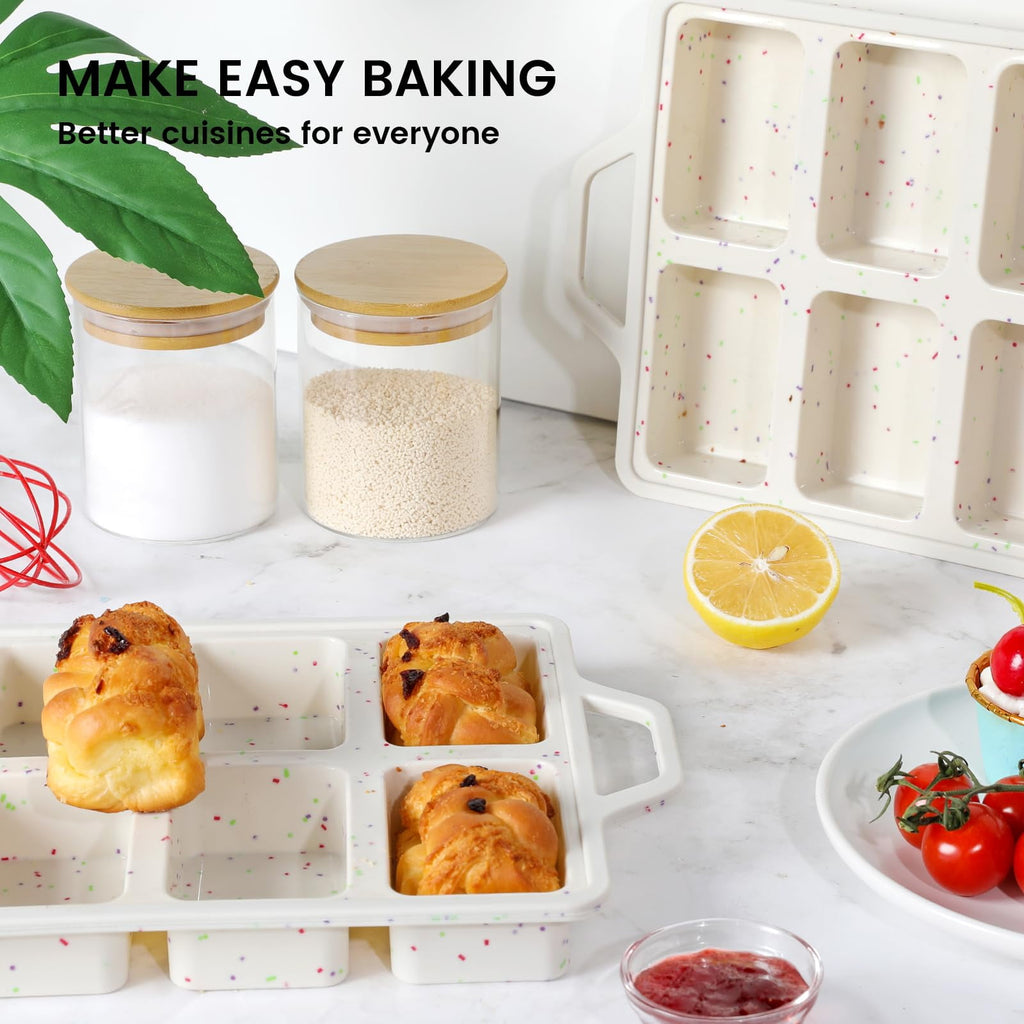 EssPur Silicone Mini Loaf Pans with Metal Reinforced Frame-2 Pack, Non-stick Silicone Bread Pan for Baking 8-Cavity, Tiny Banana Bread Set, Dishwasher Safe Brownie Pan-Cream