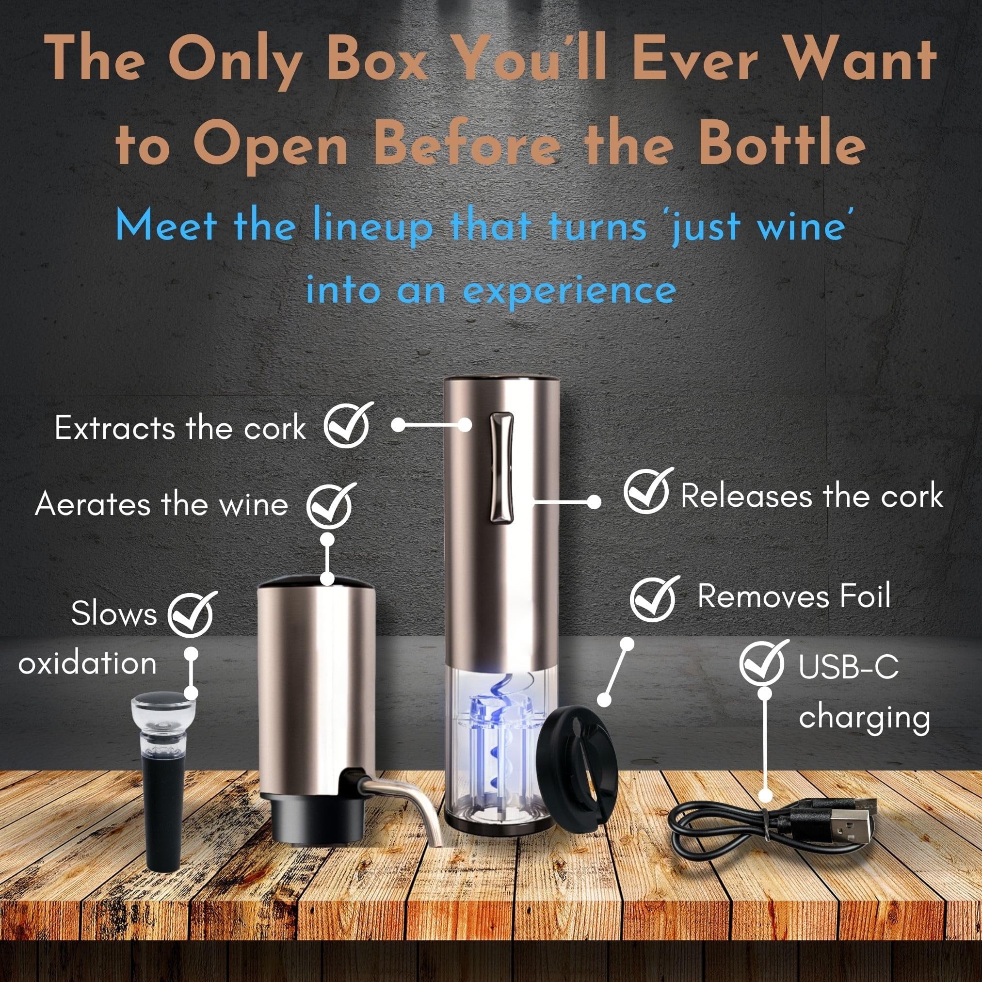 EssPur Electric Wine Aerator & Opener Set with Accessories, Rechargeable Automatic Corkscrew, Aerator, Dispenser, Foil Cutter Tool, Stopper, Wine Lovers Gift for Housewarming, Birthday, Registry, Anni