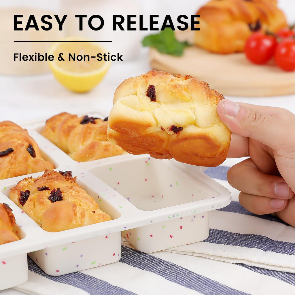 EssPur Silicone Mini Loaf Pans with Metal Reinforced Frame-2 Pack, Non-stick Silicone Bread Pan for Baking 8-Cavity, Tiny Banana Bread Set, Dishwasher Safe Brownie Pan-Cream