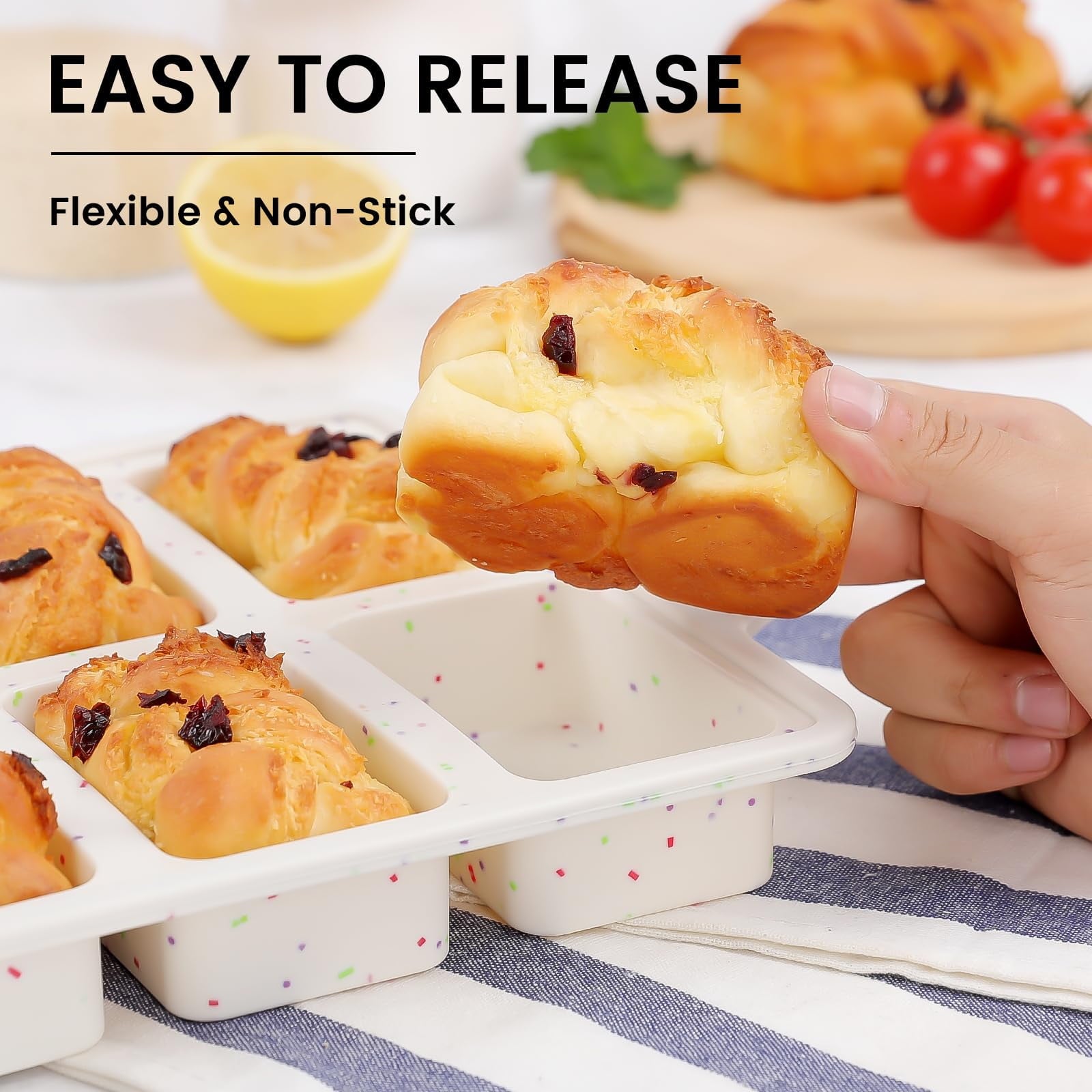 EssPur Silicone Mini Loaf Pans with Metal Reinforced Frame-2 Pack, Non-stick Silicone Bread Pan for Baking 8-Cavity, Tiny Banana Bread Set, Dishwasher Safe Brownie Pan-Cream