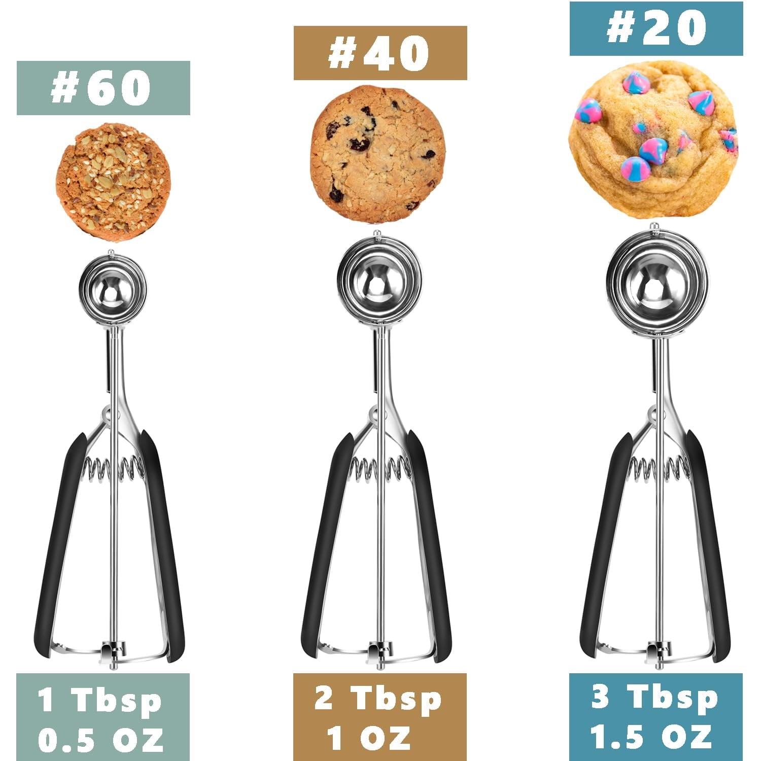 EssPur Cookie Scoop Set, Include 1 Tbsp/2 Tbsp/3 Tbsp, Cookie Scoops for Baking Set of 3, Cookie Dough Scoop, 18/8 Stainless Steel, Good Grip, Non-Slip, for Cookie Cupcake Muffin Ice Cream waffle